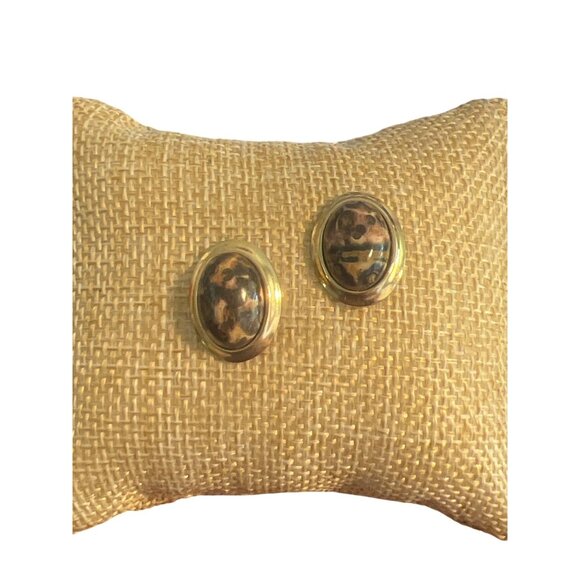 Vintage Gold Tone Leopard Jasper Stud Earrings Cabochon Domed Oval Estate .75" - Picture 1 of 5